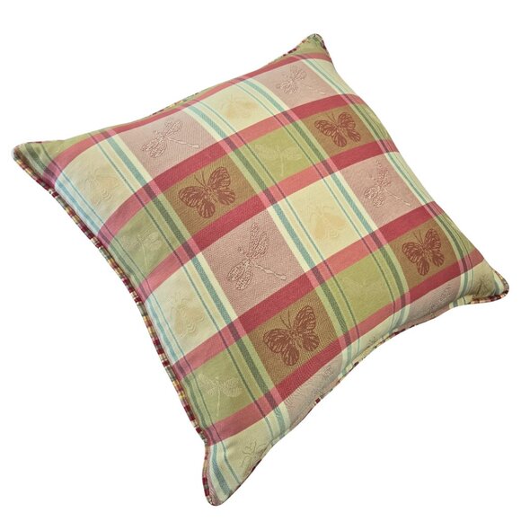 Country Cottage Plaid Accent Pillow  GrannyCore VTG 90s Yellow Pink Large 18x18 - Picture 3 of 16